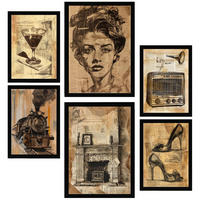 POSTER Set Mit 6 Vintage Life Wein Zehenschuhe Radio Frau A3 & A4 Schwarzer Rahmen - Schwarz, Papier (29/3cm) - Nacnic