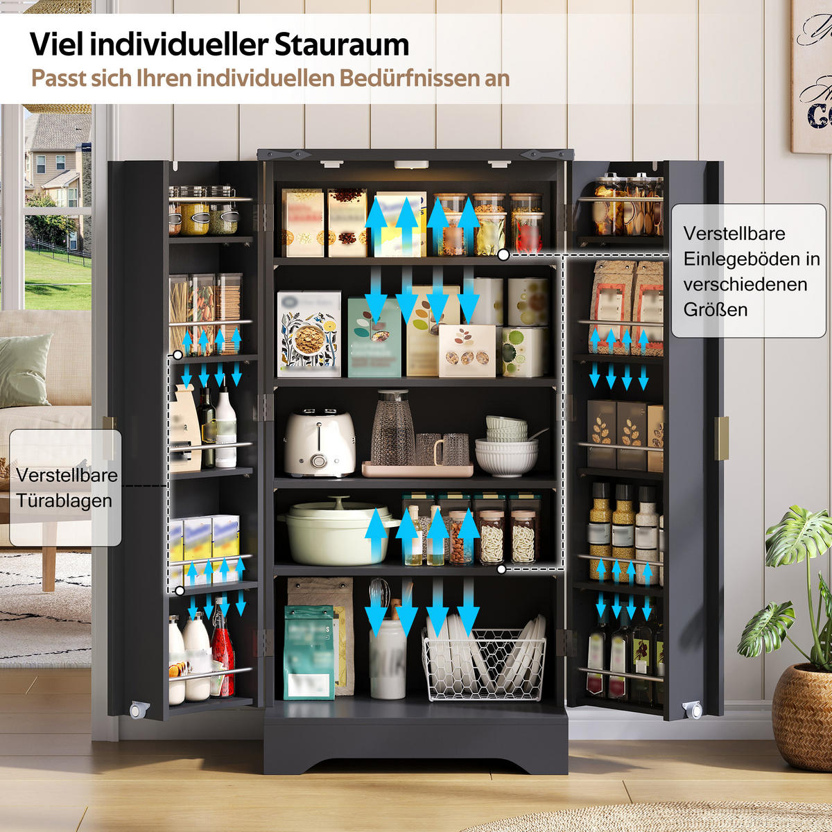 GESCHIRRSCHRANK 60.5/40/120 cm Schwarz mit LED-Sensorlicht und Gewürzregal - Schwarz, Holz (60.5/120/40cm) - Oxeza