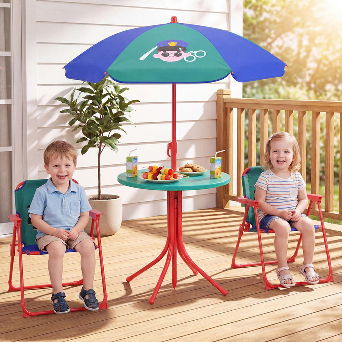 KINDER-SITZGRUPPE mit Sonnenschirm grün(4-tlg) - Grün, Metall - COSTWAY
