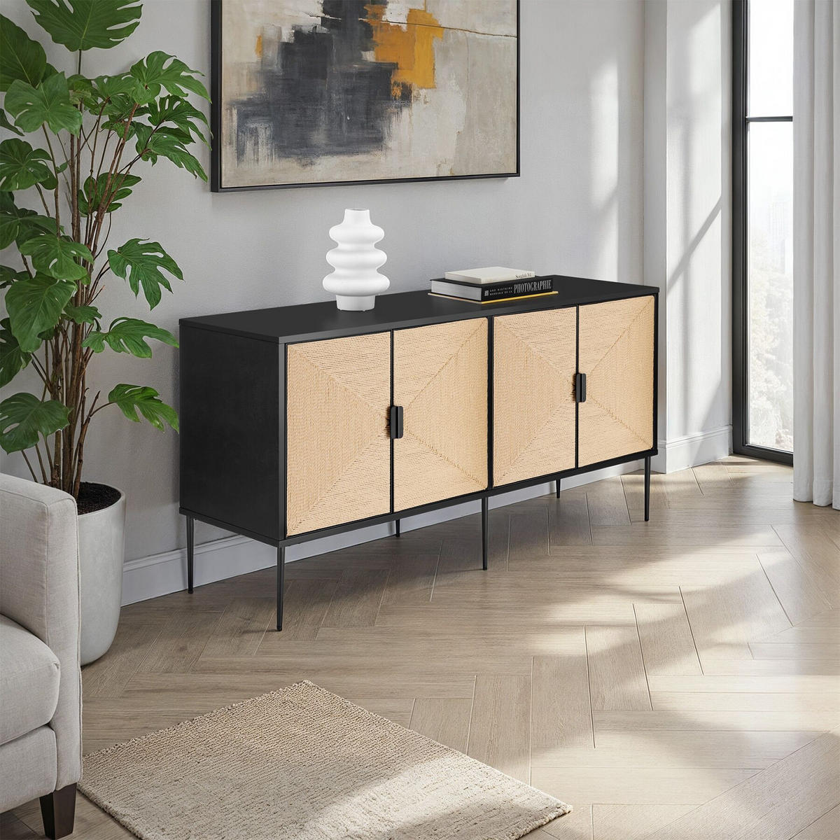 SIDEBOARD Juna,150 x 47 x 77 cm, höhenverstellbare Füße,schwarz/braun - Schwarz/Braun, Holz (150/77/47cm) - tectake