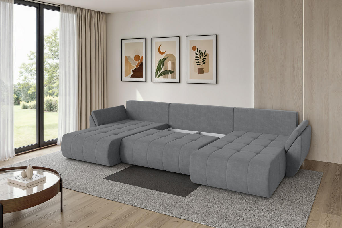 SEDACÍ SOUPRAVA DO U s funkcí spaní a úložným prostorem TOKO-U 378x194x86 šedá velur - černá/šedohnědá, kompozitní dřevo/textil (378/86/194cm) - ALTDECOR