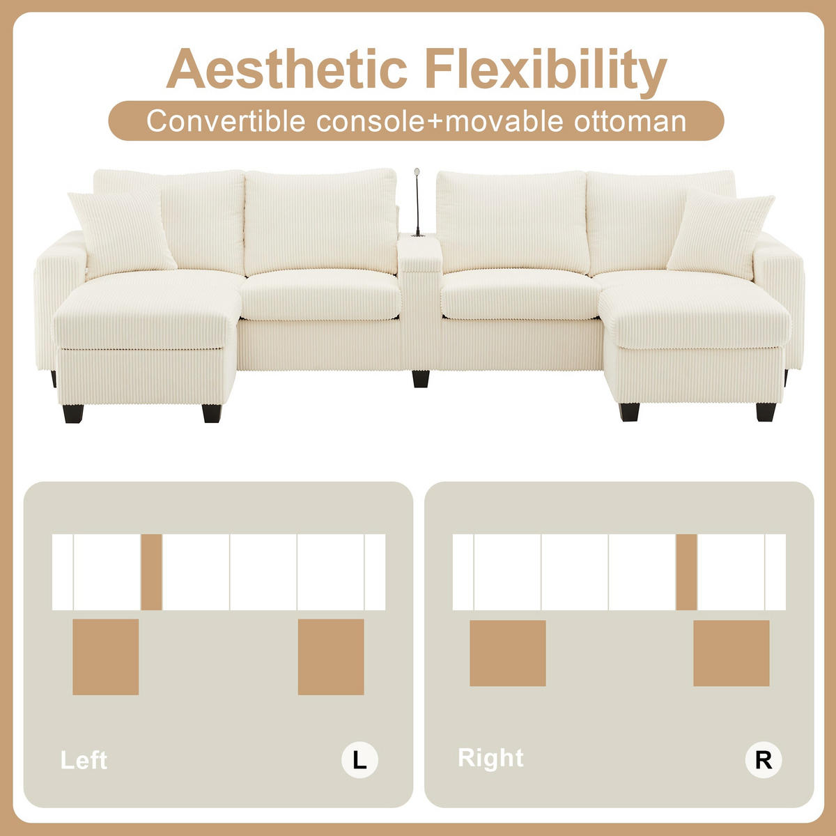 ECKSOFA aus Cord in Beige mit LED Beleuchtung & smarten USB-Anschlüssen - Beige, Textil (128/334cm) - Urban Meuble