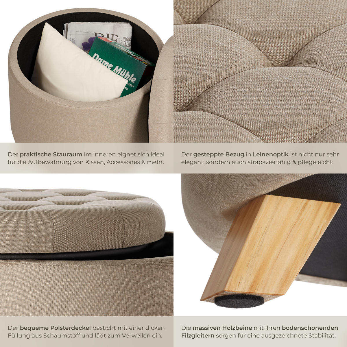 SITZHOCKER mit Stauraum Suna,44,5 x 41,5 cm,Sand - Sandfarben, Holz (44.5/41.5/44.5cm) - tectake