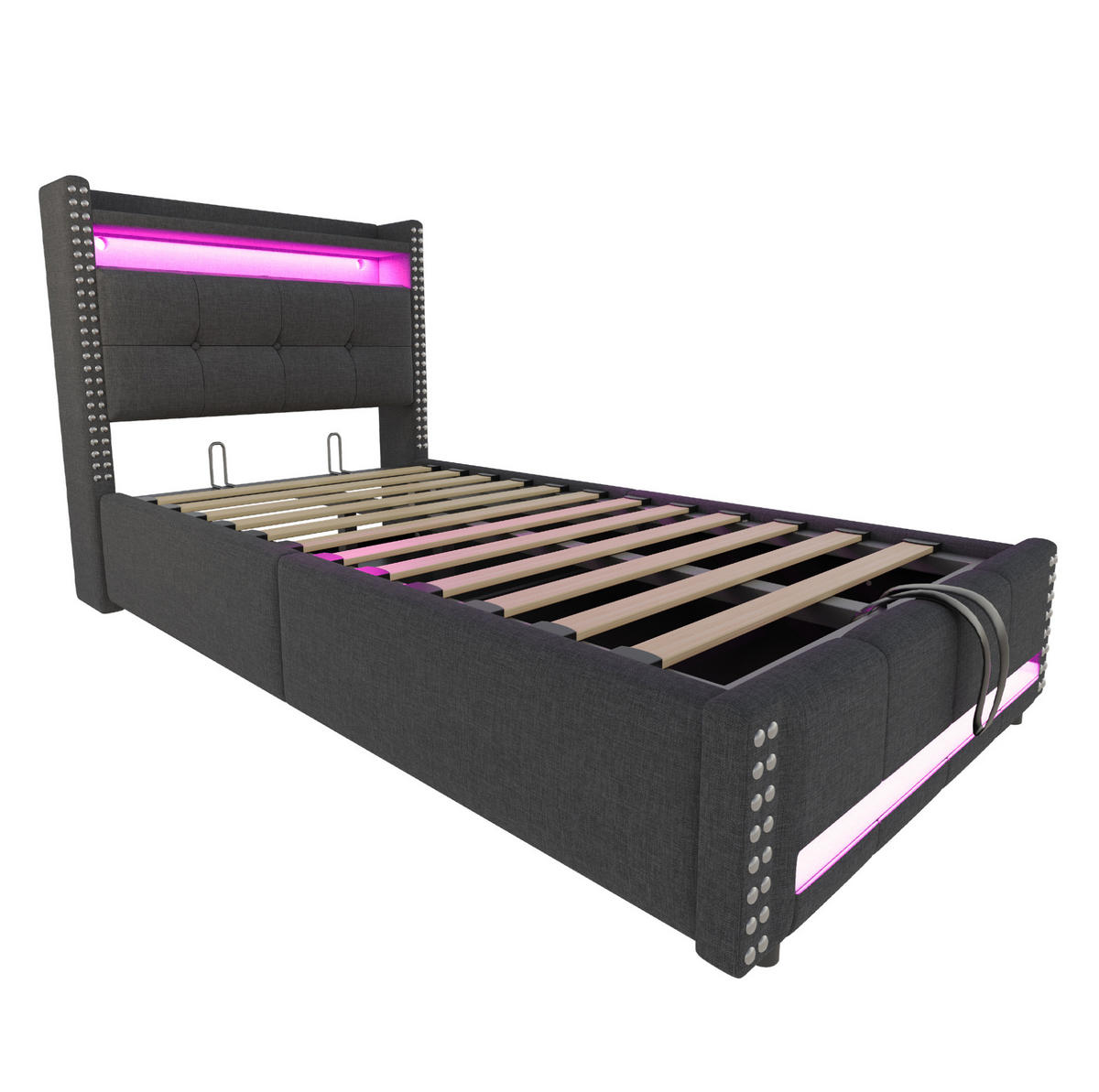POLSTERBETT 90/200 cm Grau aus Leinenstoff mit LED und Stauraum - Grau, Textil (90/200cm) - OKMYHOME