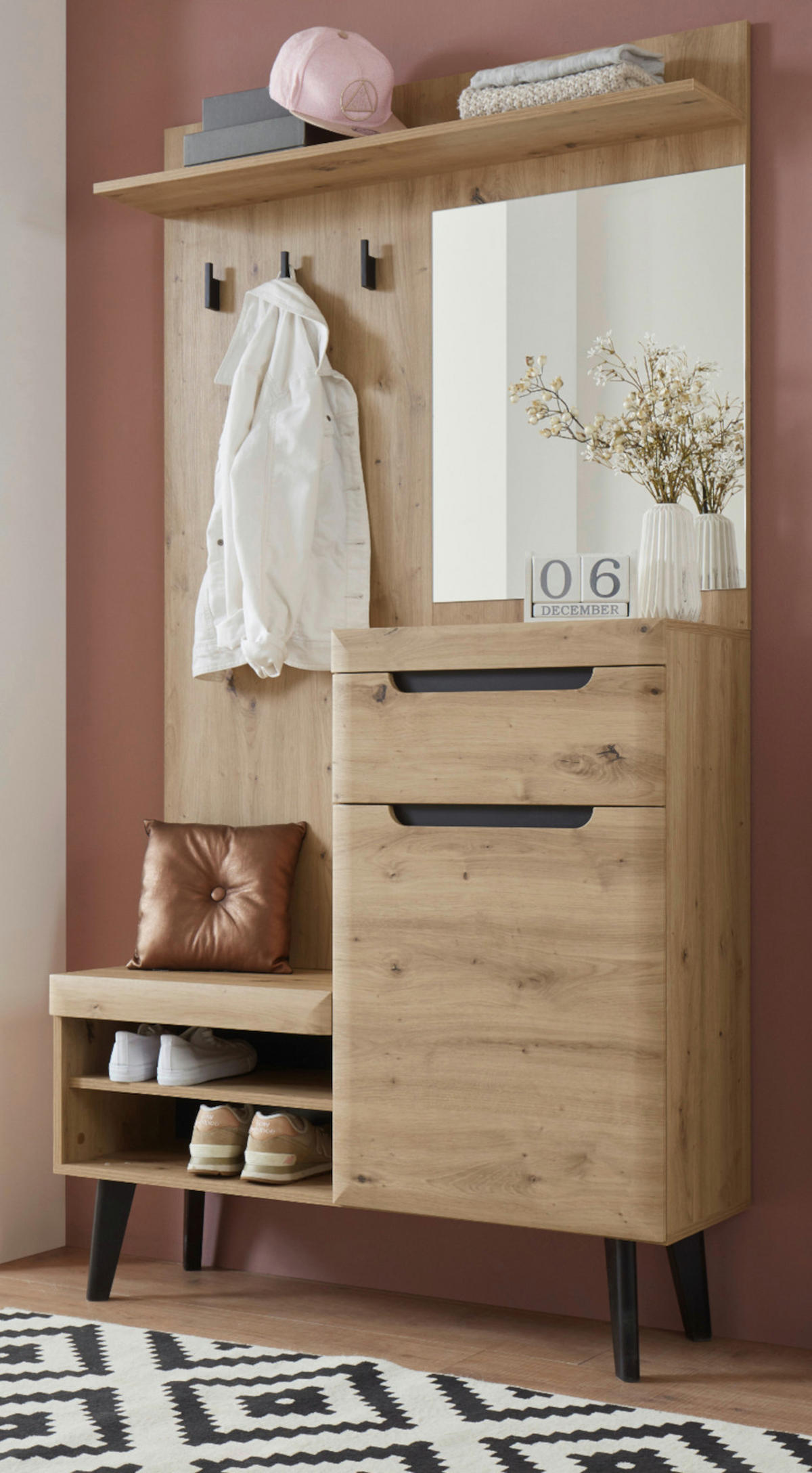 GARDEROBE Eiche Artisan, schwarz 110 cm, Kompaktgarderobe skandinavisch - Eichefarben/Schwarz, Holzwerkstoff/Metall (110/200/34cm) - Furn.Design