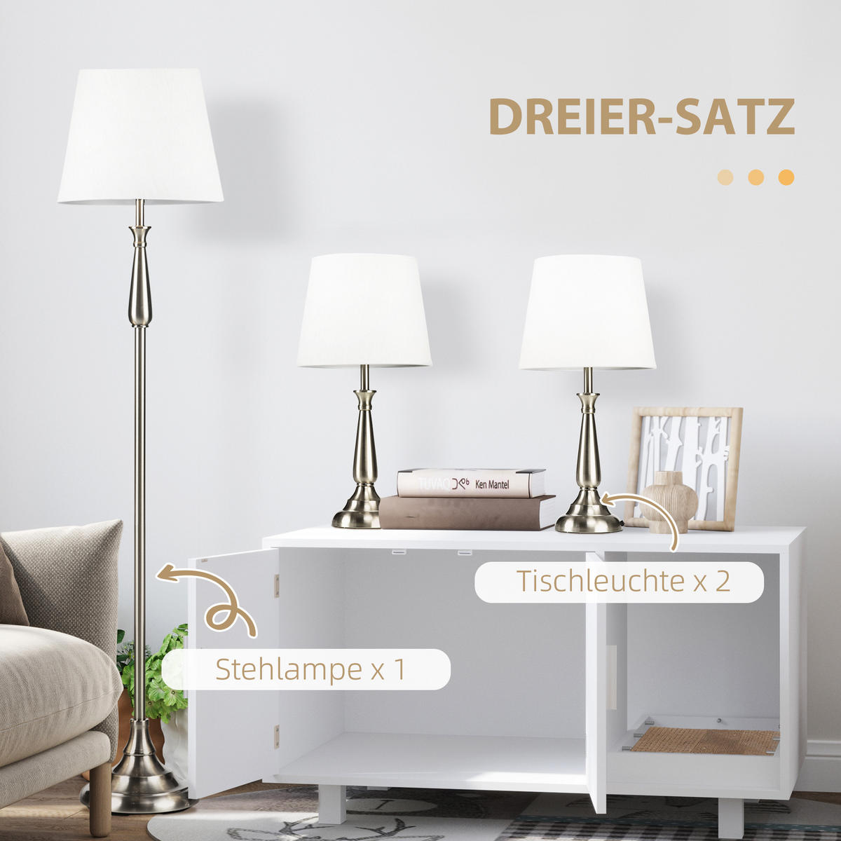 TISCHLAMPE Set, 3-tlg. Lampenset, Creme - Creme, Metall (35.5/35.5/146cm) - HOMCOM