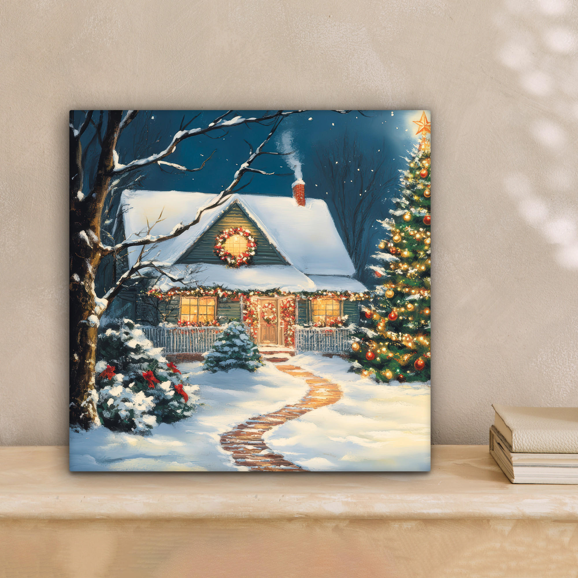 LEINWANDBILD Weihnachten - Weihnachtsbaum - Winter - Zuhause - Schnee 20x20 cm - Smaragdgrün, Textil (20/20cm) - MuchoWow