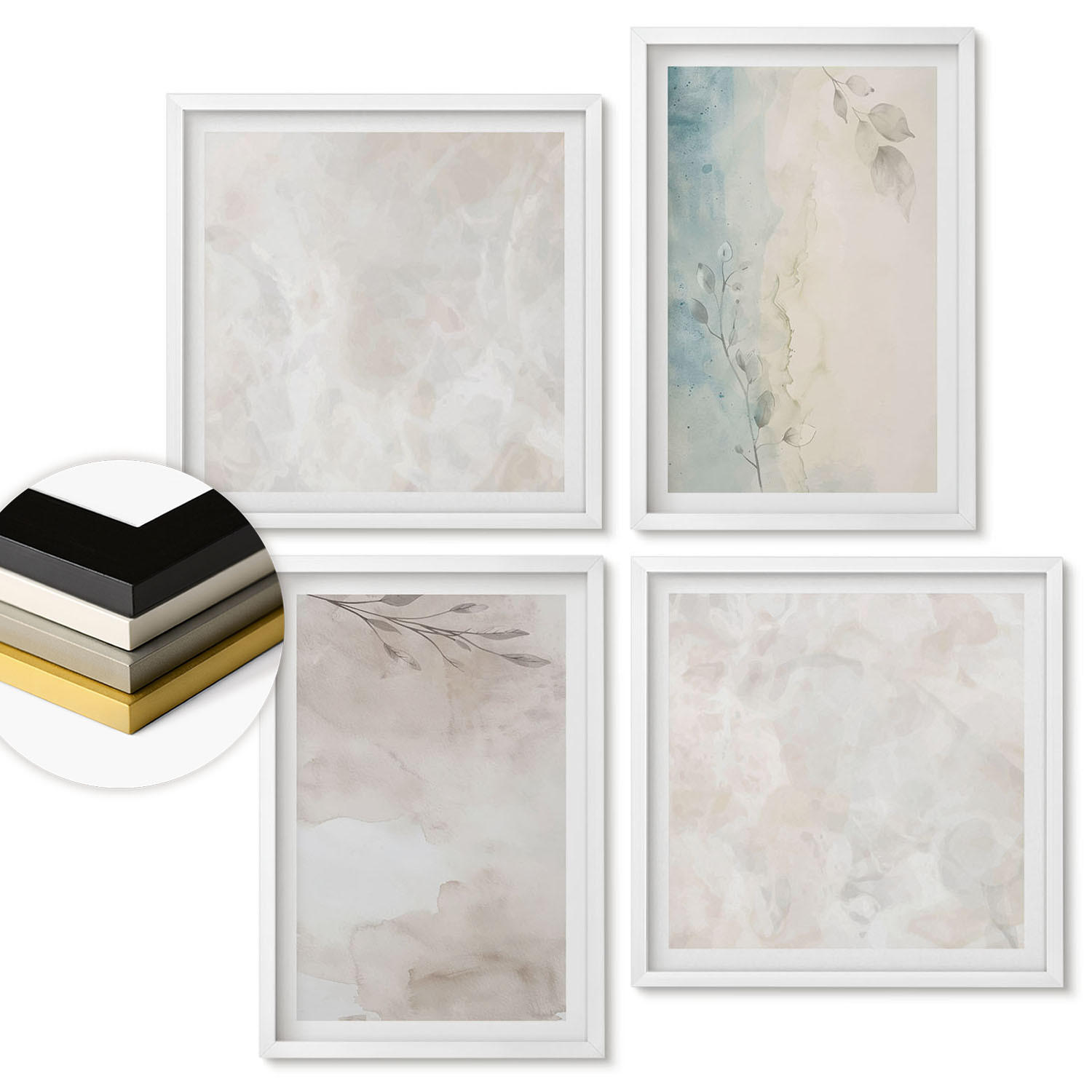WANDBILDER 4er-Set - 50x50 cm & 40x60 cm Weißer Rahmen - Aquarellmalerei-Textur - Weiß, Kunststoff (50/50cm) - ArtPrintCave