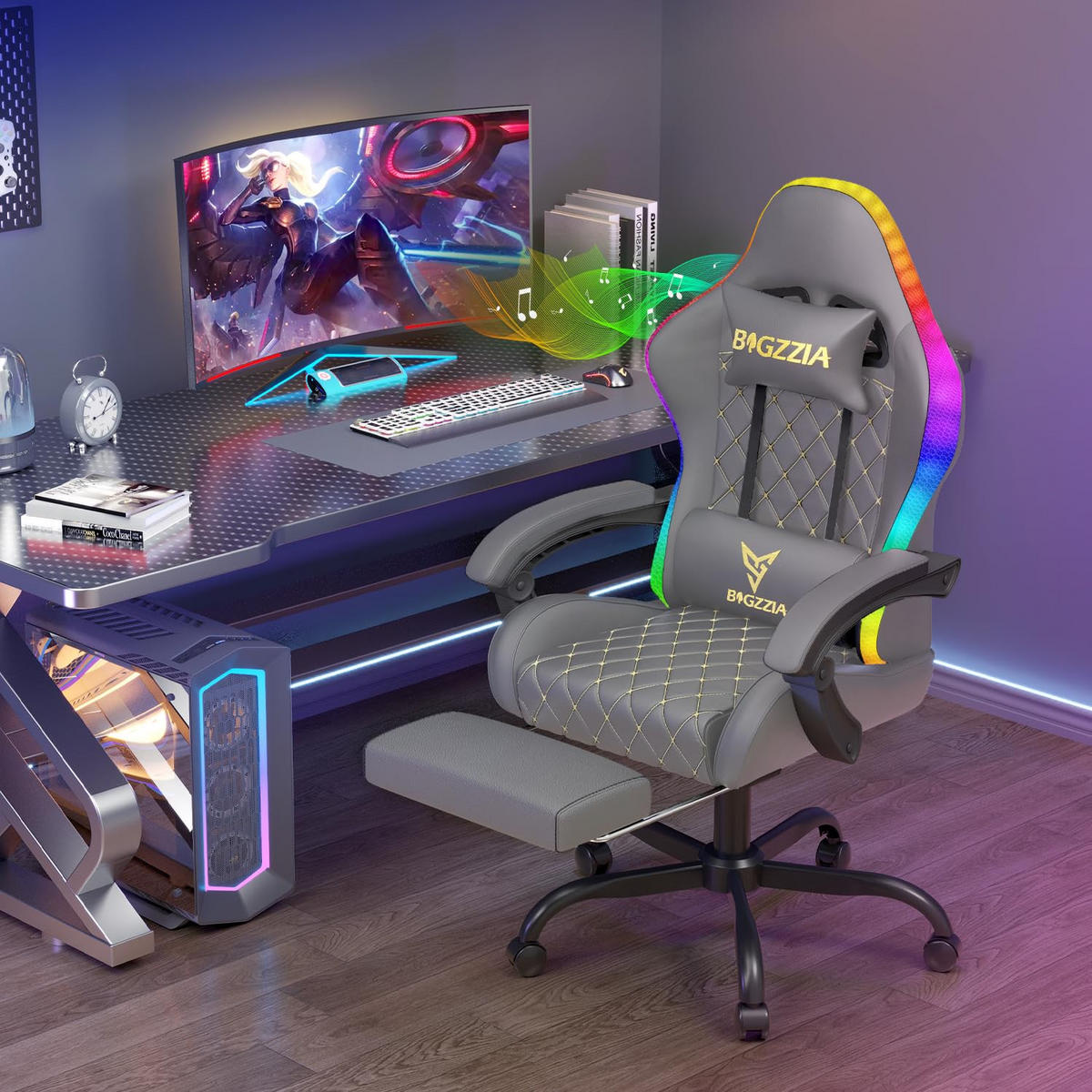 GAMINGSTUHL G01 mit RGB Beleuchtung Bluetooth Lautsprechern Kunstleder Grau - Grau, Metall (62/131/56cm) - Rattantree