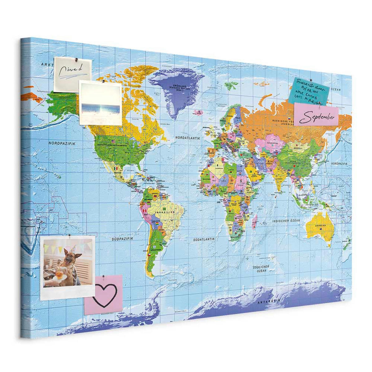 PINNWANDTAFEL Politische Weltkarte mit Flaggen Deutsch 90x60 cm - Blau, Holz (90/60cm) - artgeist