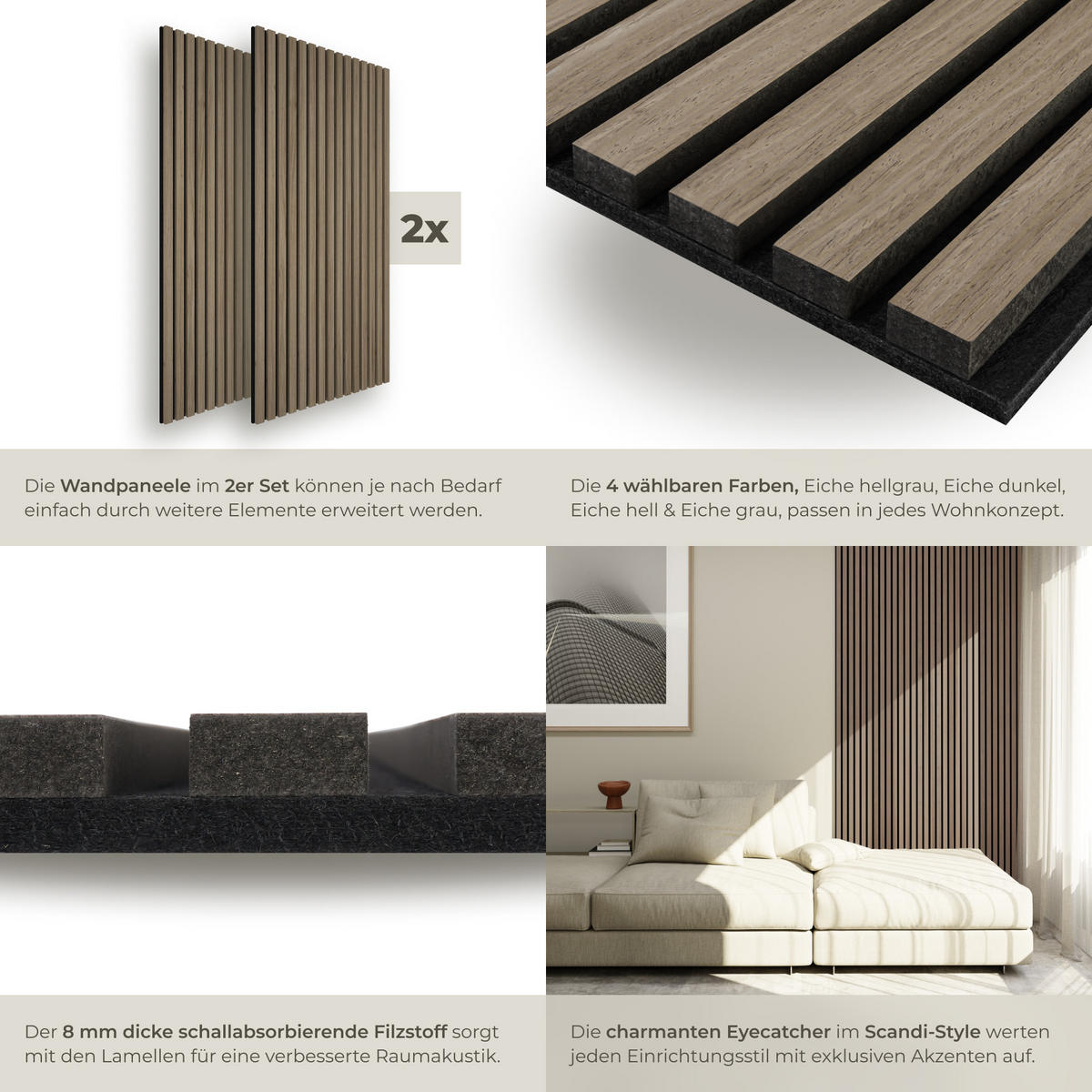 AKUSTIKPANEELE 2er Set Sonic Wall,je 60 x 120 x 2,1 cm, Größe flexibel anpassbar,Eiche dunkel - Wildeiche, Holz (60/120/120cm) - tectake
