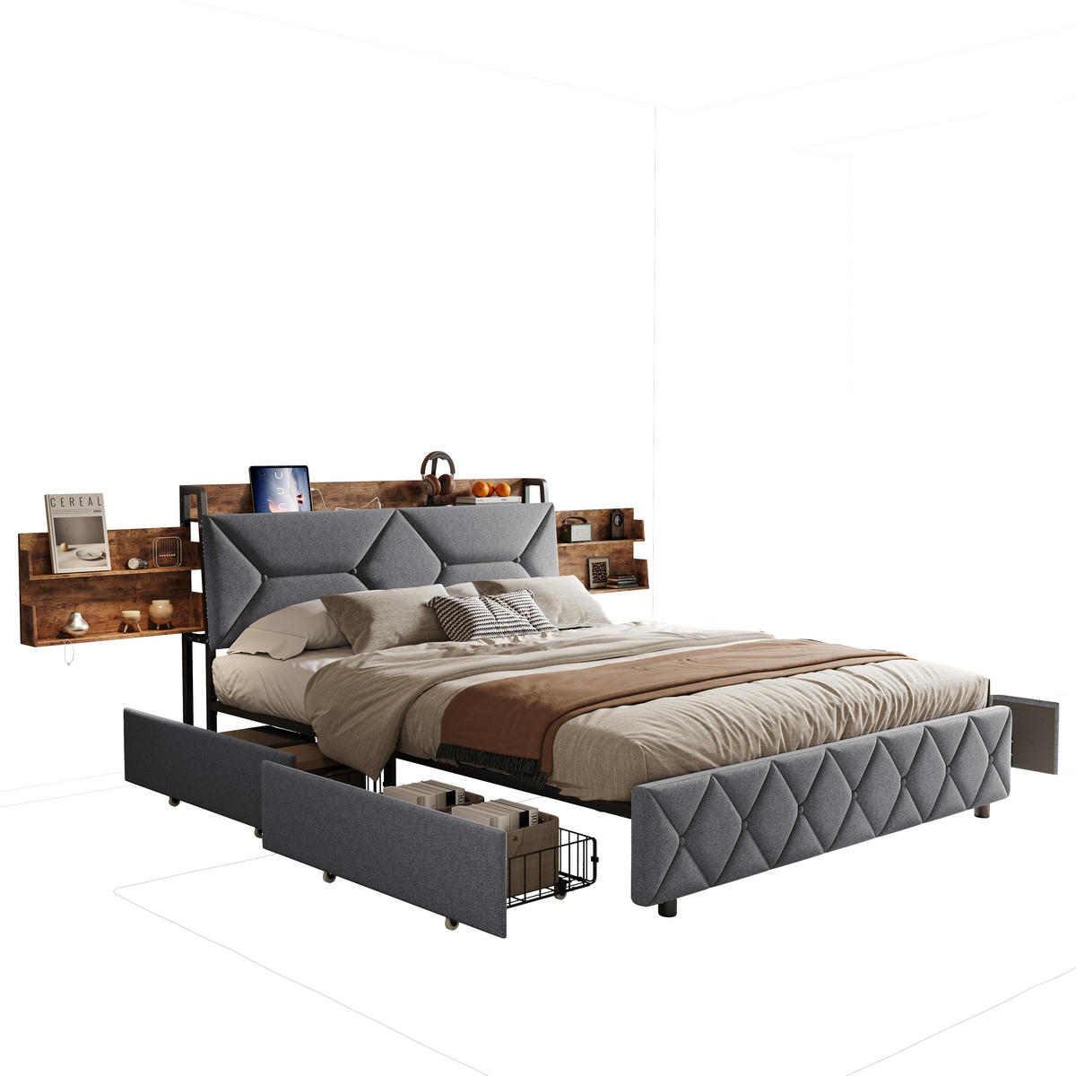POLSTERBETT 160x200cm usb typ-c schubladen - Grau, Metall - SHOPENTRA