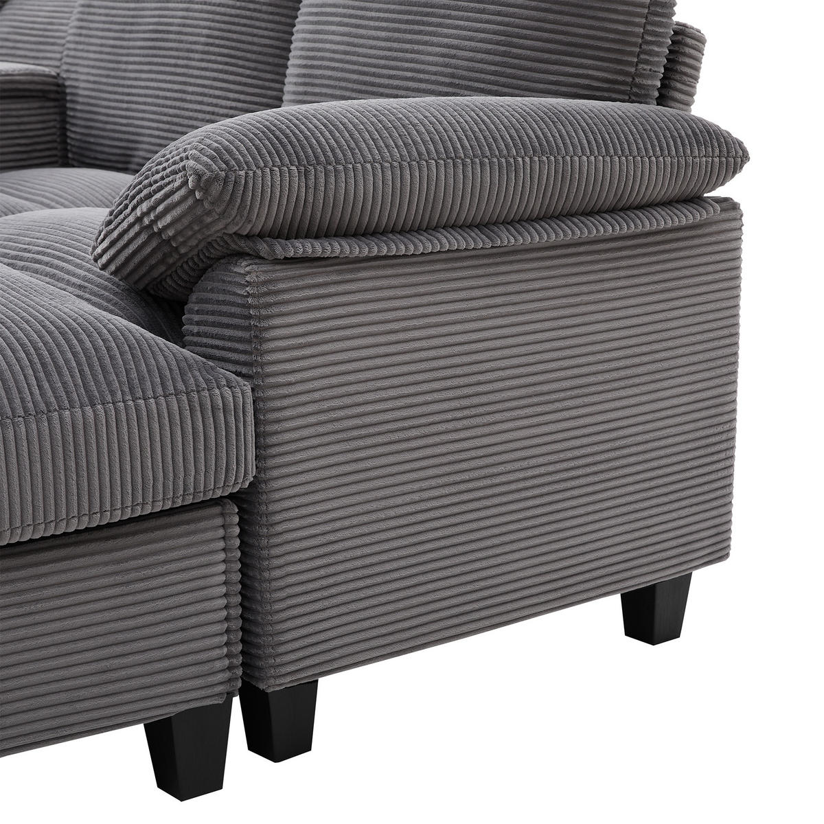 WOHNLANDSCHAFT Cord Grau mit Stauraum, USB und Getränkehalter - Grau, Holzwerkstoff/Kunststoff (293/93/142cm) - WISHDOR