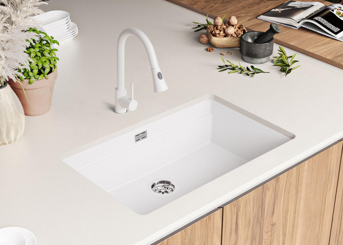UNTERBAUSPÜLE GRANIT Praga, 2-er set Weiß 76/47 cm 1 Becken + Ablauf-Set + Aufrollbare Abtropffläche ab 80er Unterschrank - Chromfarben/Weiß, Kunststoff (76/20/47cm) - Primagran