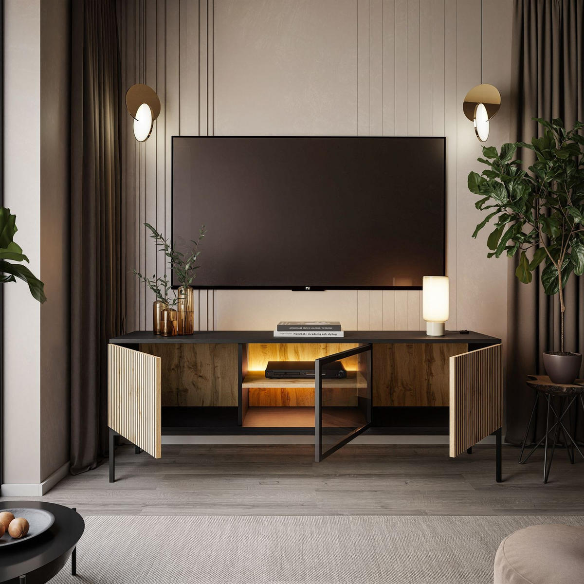 TV-ELEMENT ECLIPSE RTV154 mit Beleuchtung,Schwarz Eiche Wotan - Eiche Wotan, Holzwerkstoff (154/56/39cm) - Lookway