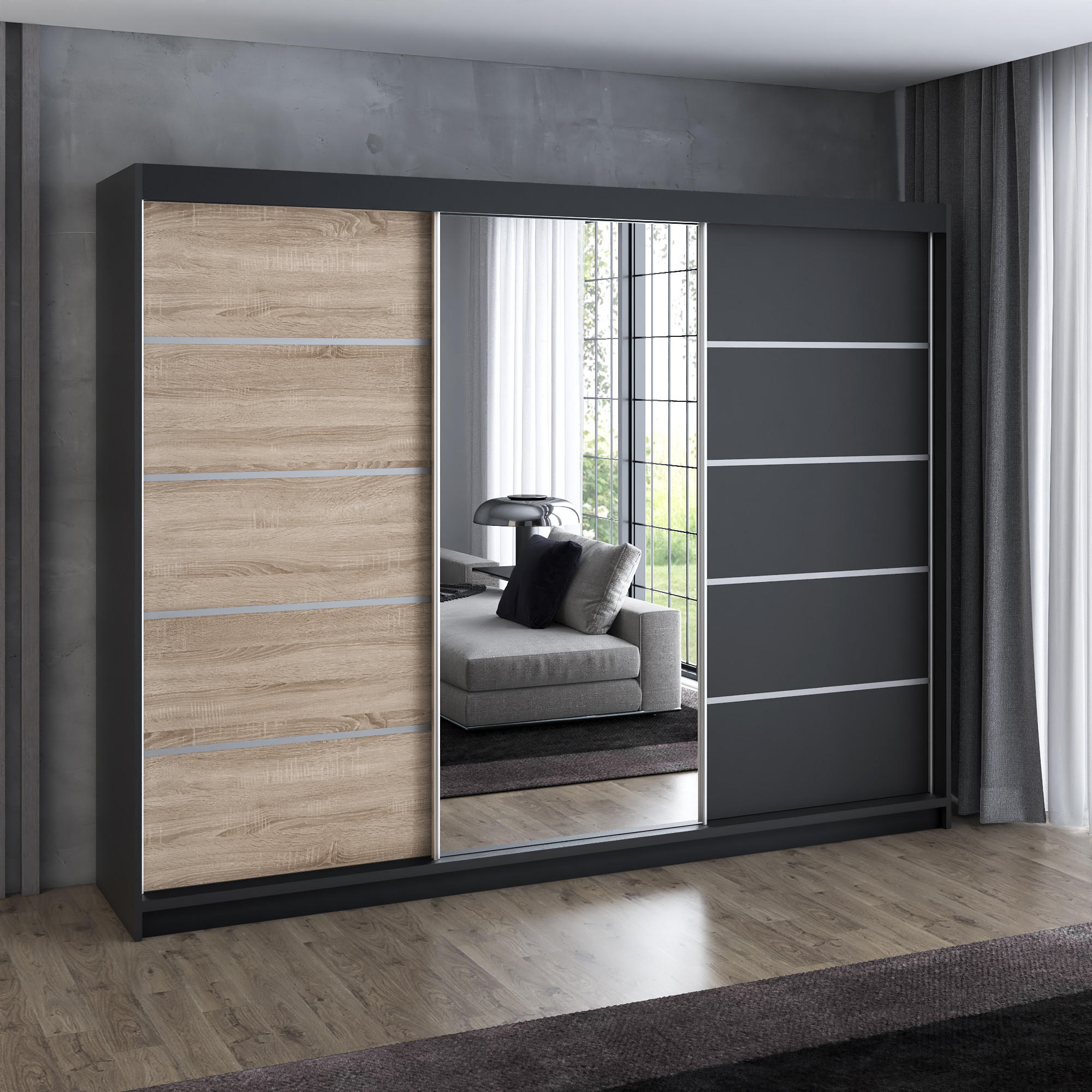 SCHWEBETÜRENSCHRANK 200 cm VILANO 1 Farbe: Schwarz, Sonoma - Schwarz/Braun, Holzwerkstoff (200/215/59.5cm) - A&J MöbelLand