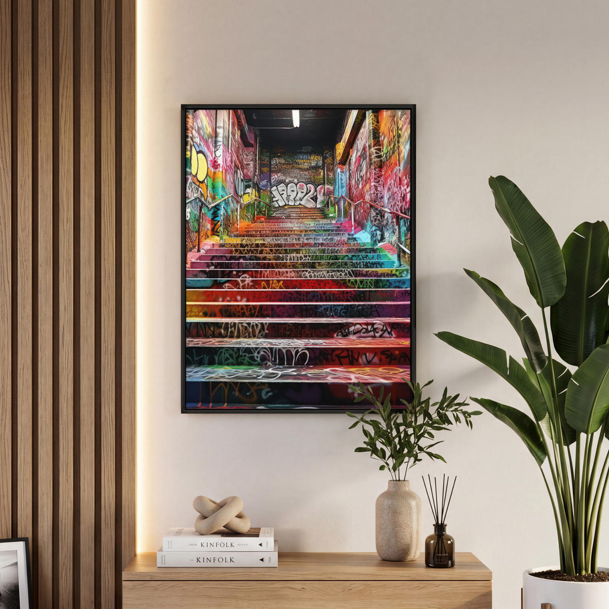 LEINWAND Bilder mit Rahmen - Treppe - Graffiti - Farben - Kunst - 60x80 - Multicolor, Textil (60/80cm) - MuchoWow