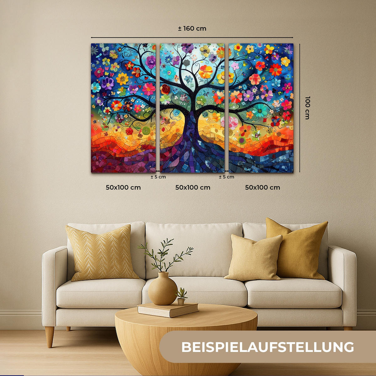 LEINWANDBILD 3er Set Bunt - Baum des Lebens - Blumen - Abstrakt 150x100 cm - Blau, Textil (150/100cm) - MuchoWow