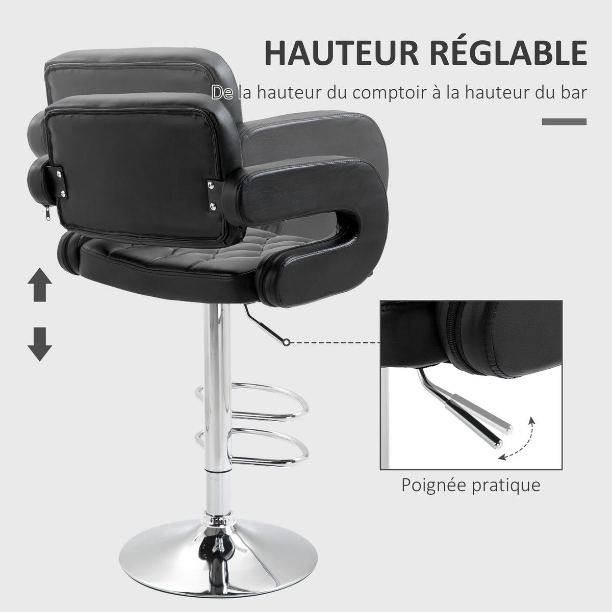 BARHOCKER 2er-Set DE-14777 höhenverstellbar mit Armlehnen Schwarz - Schwarz, Metall (50/114/61cm) - ComfortXL
