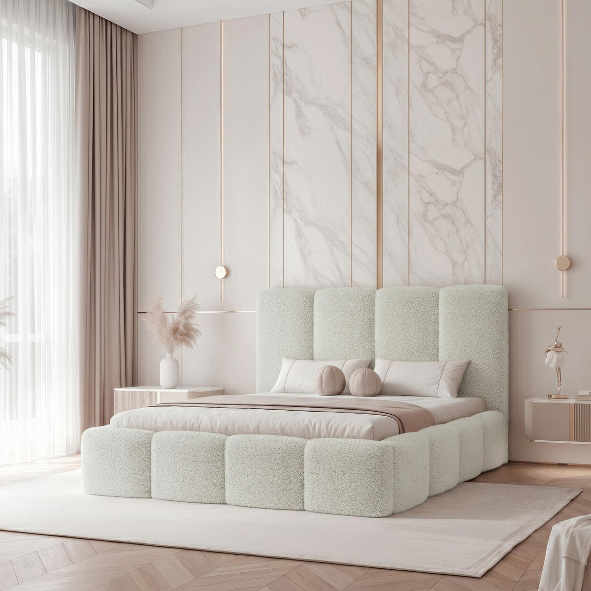 POLSTERBETT LANDARE 200x200 cm Creme Bouclé (Stoff Coral) - mit Bettkasten und Lattenrost - Creme, Holzwerkstoff/Textil (200/200cm) - Ravio