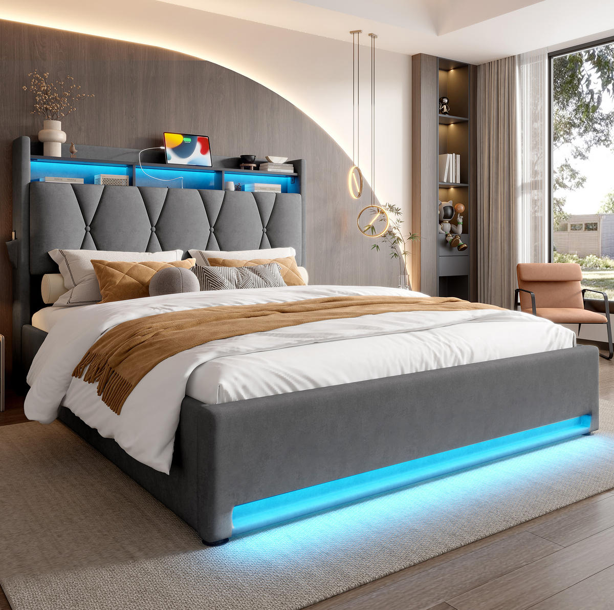 POLSTERBETT 140/200 cm dunkelgrau aus Samt mit LED und Stauraum - Dunkelgrau, Textil (140/200cm) - OKWISH