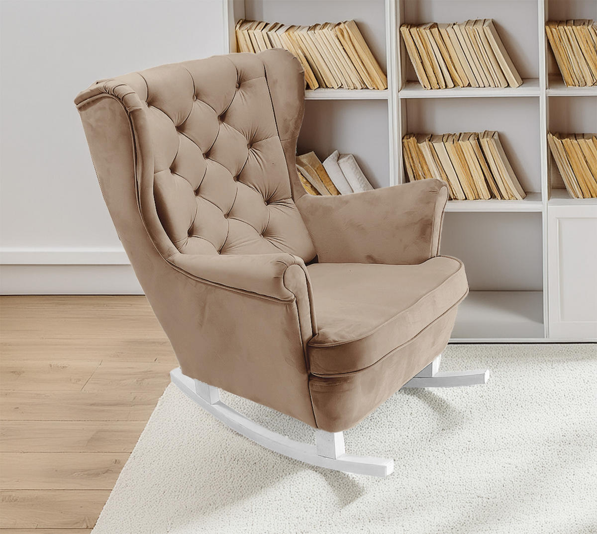 SCHAUKELSESSEL mit gepolstertem Sitz und Armlehnen, 102x81x95 cm, Cappuccino_29809 - Hellbraun/Weiß, Holz/Textil (81/102/95cm) - DomoHome