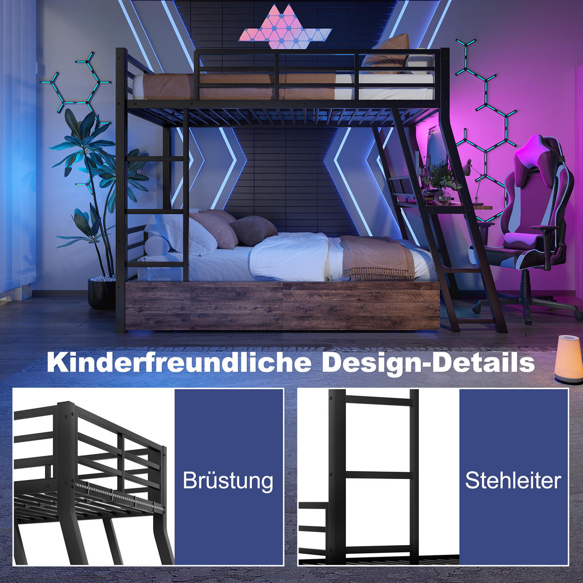 HOCHBETT 90x200cm Schwarz Metall LED-Leiste Schubladen Schreibtisch - Schwarz, Metall (90/200cm) - FLIEKS