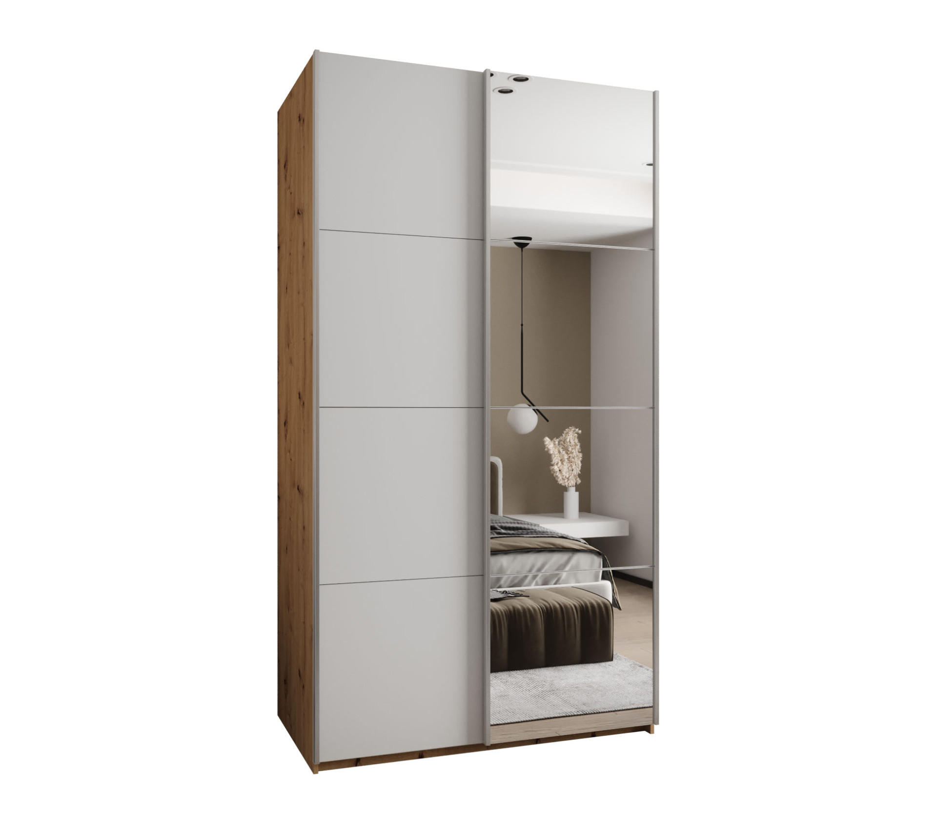 Abiks Möbel Schwebetürenschrank Eiche Artisan, Weiß, Silber 140x245x64 cm