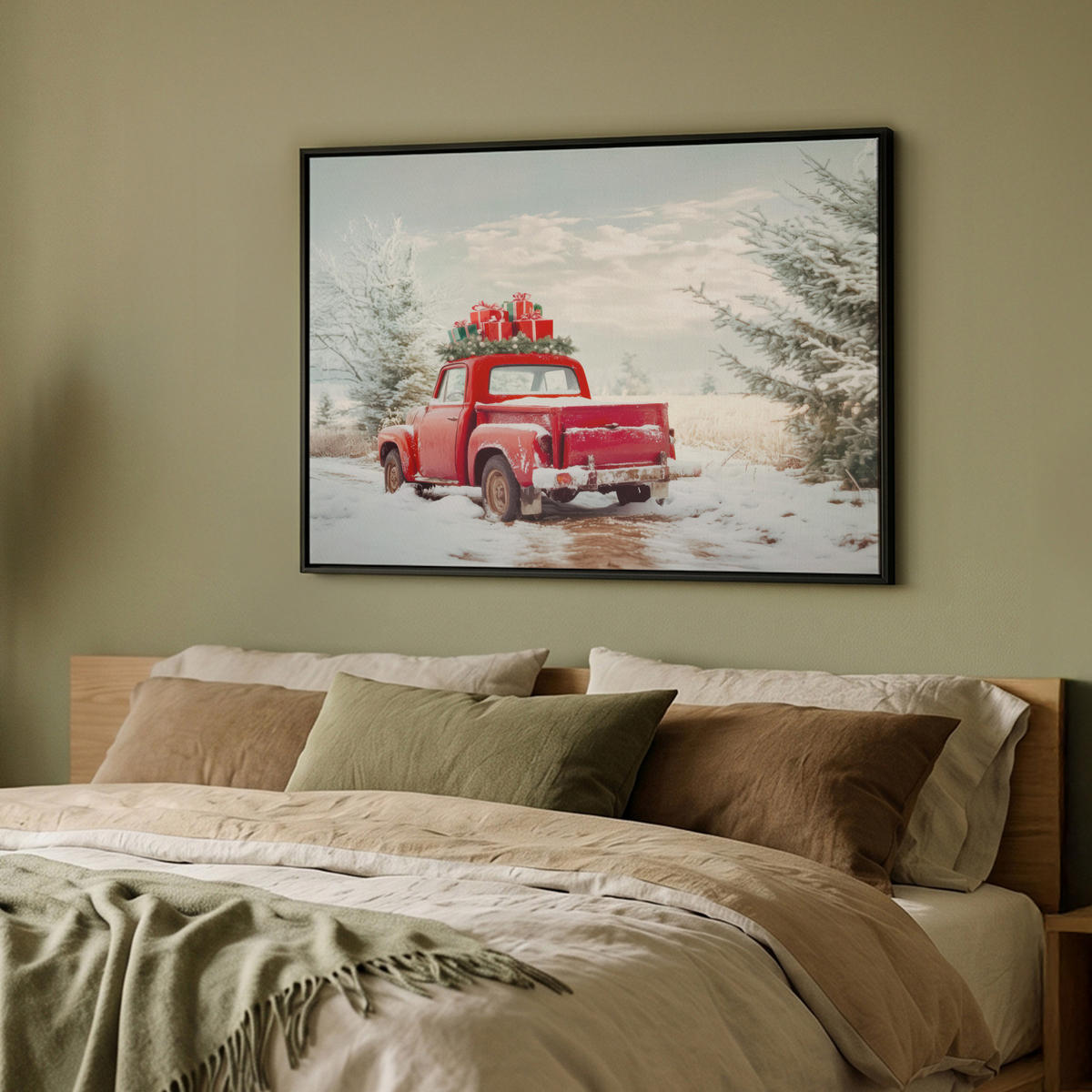 LEINWAND Bilder mit Rahmen - Auto - Rot - Geschenke - Winter - Schnee - Weihnachten - 100x70 - Rot, Textil (100/70cm) - MuchoWow