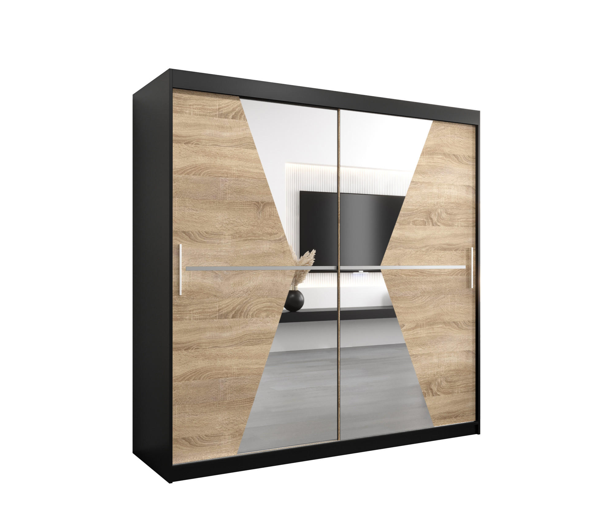 Abiks Möbel Schwebetürenschrank Schwarz, Sonoma Eiche 200x200x62 cm