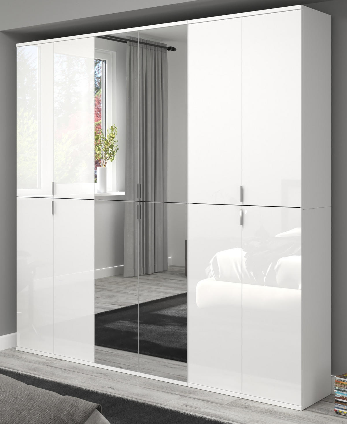 KLEIDERSCHRANK weiß Hochglanz 183 cm, Stauraumschrank mit 12 Türen und Spiegel - Chromfarben/Weiß Hochglanz, Glas/Holzwerkstoff (183/193/34cm) - Inn.Furn