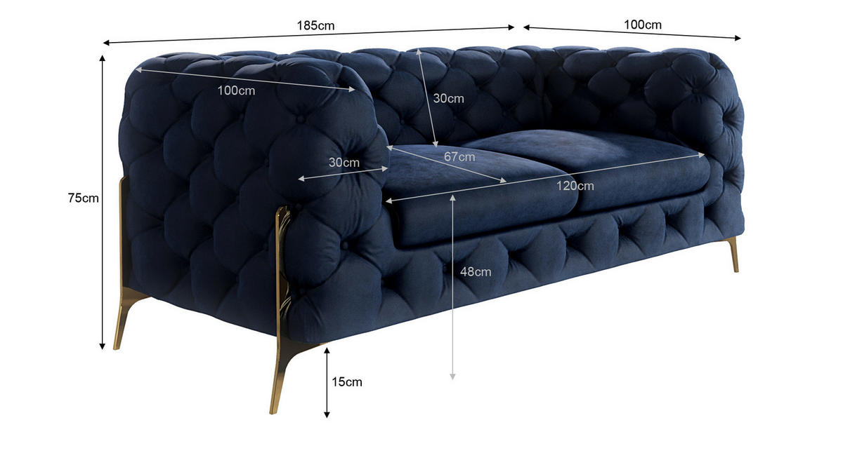 SITZGARNITUR 3+2+1 Chesterfield Lexi Marineblau Samt - Goldfarben/Dunkelblau, Holz/Textil (243/75/100cm) - S-Style Möbel
