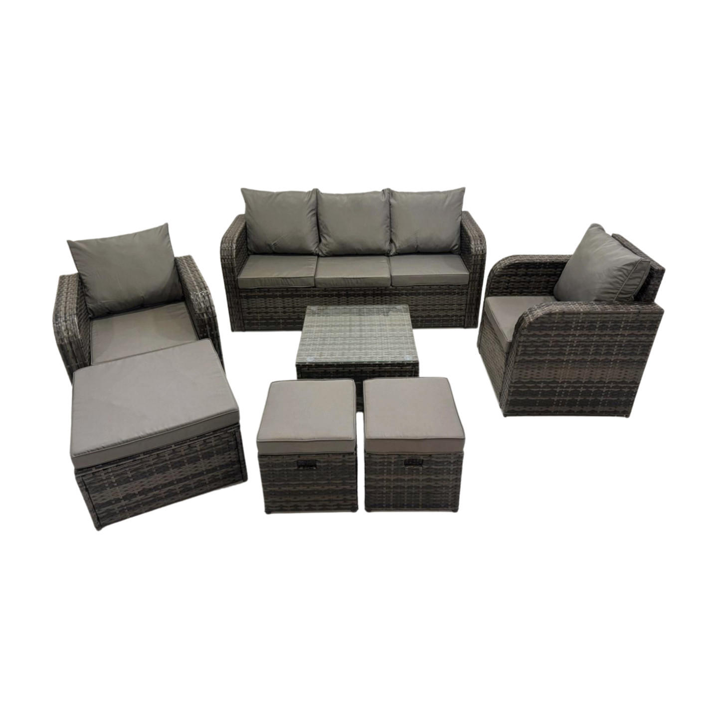 GARTENMÖBELGARNITUR mit KISSEN Polyrattan Dunkelgrau 8-Sitzer - Dunkelgrau/Grau, Glas/Kunststoff - Fimous