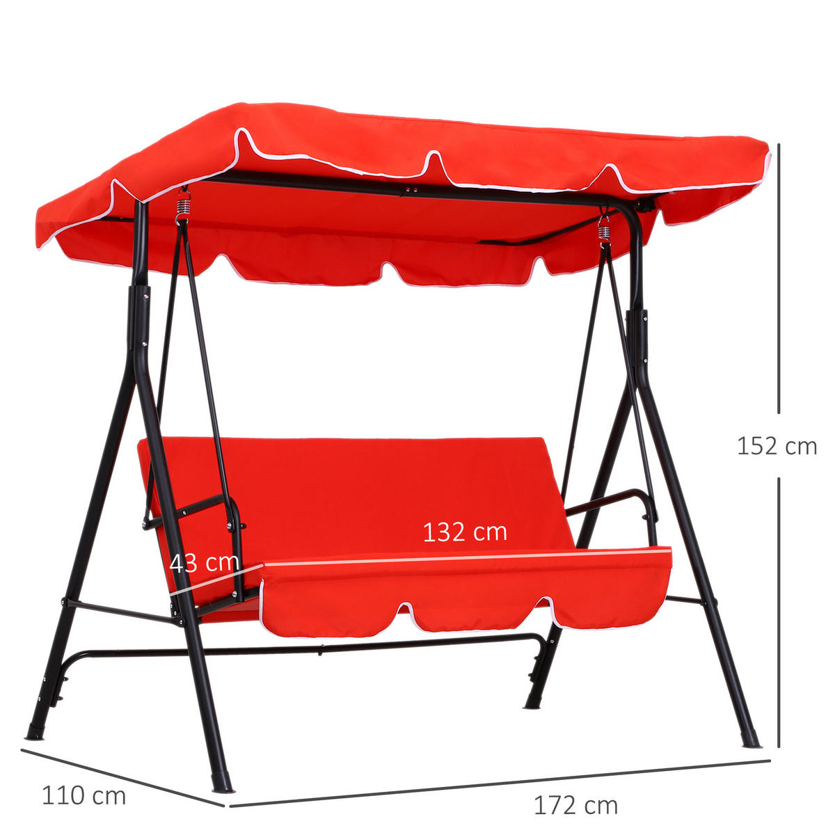 HOLLYWOODSCHAUKEL DE-15227 3-Sitzer mit verstellbarem Dach Rot - Rot, Metall (110/152/172cm) - ComfortXL