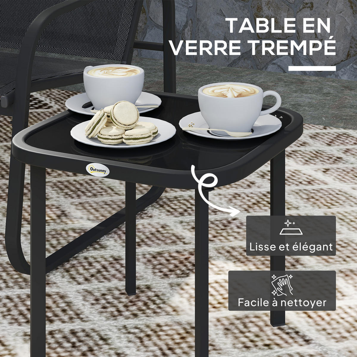 BALKONSET 3-teilig DE-14140 2 Mesh-Stühle, Glastisch Schwarz - Schwarz, Metall - ComfortXL
