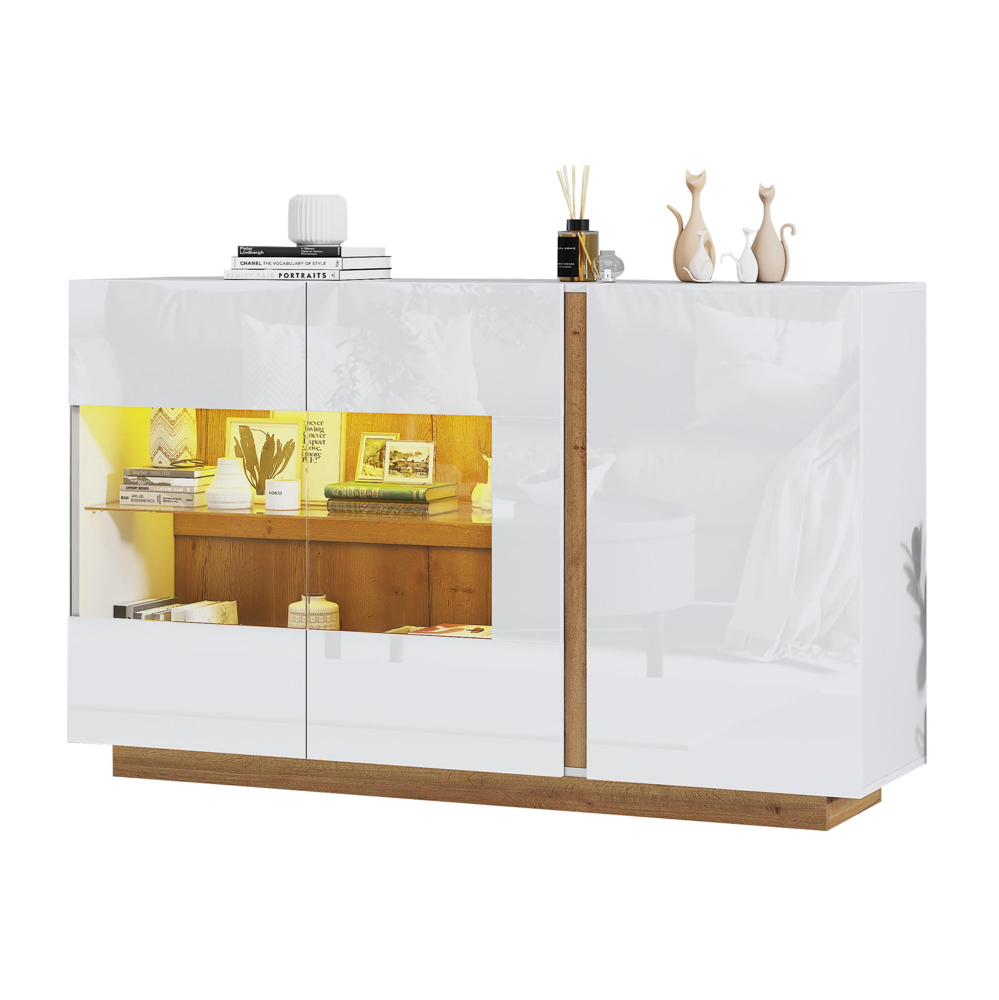 Modfu KOMODA z drevotriesky 138x38x90,5 cm biela s LED osvetlením a sklenenými dvierkami