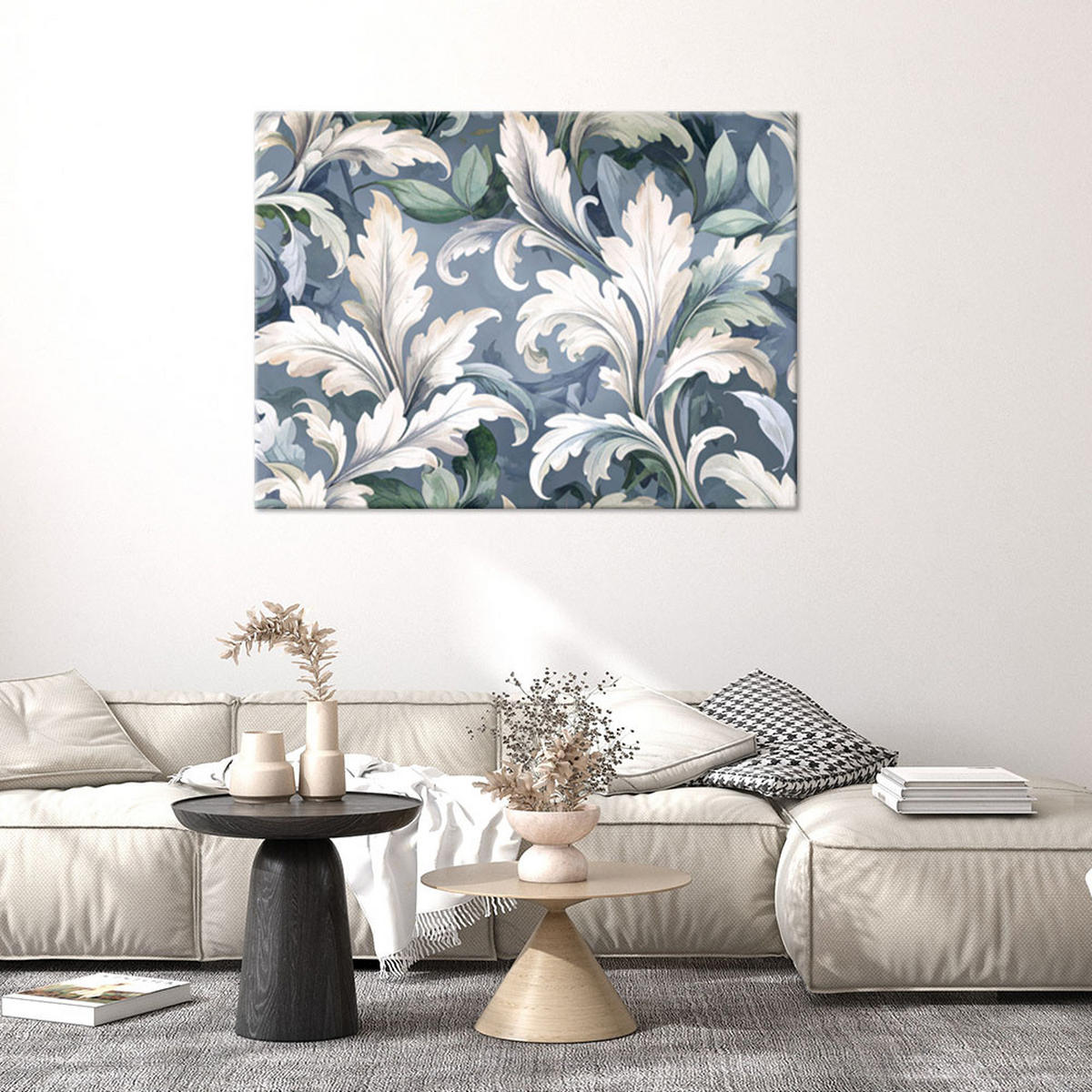 BILDER, Weiße Akanthusblätter Lorbeerblätter Pflanzen Natur - Blau, Textil (45/30cm) - Feeby