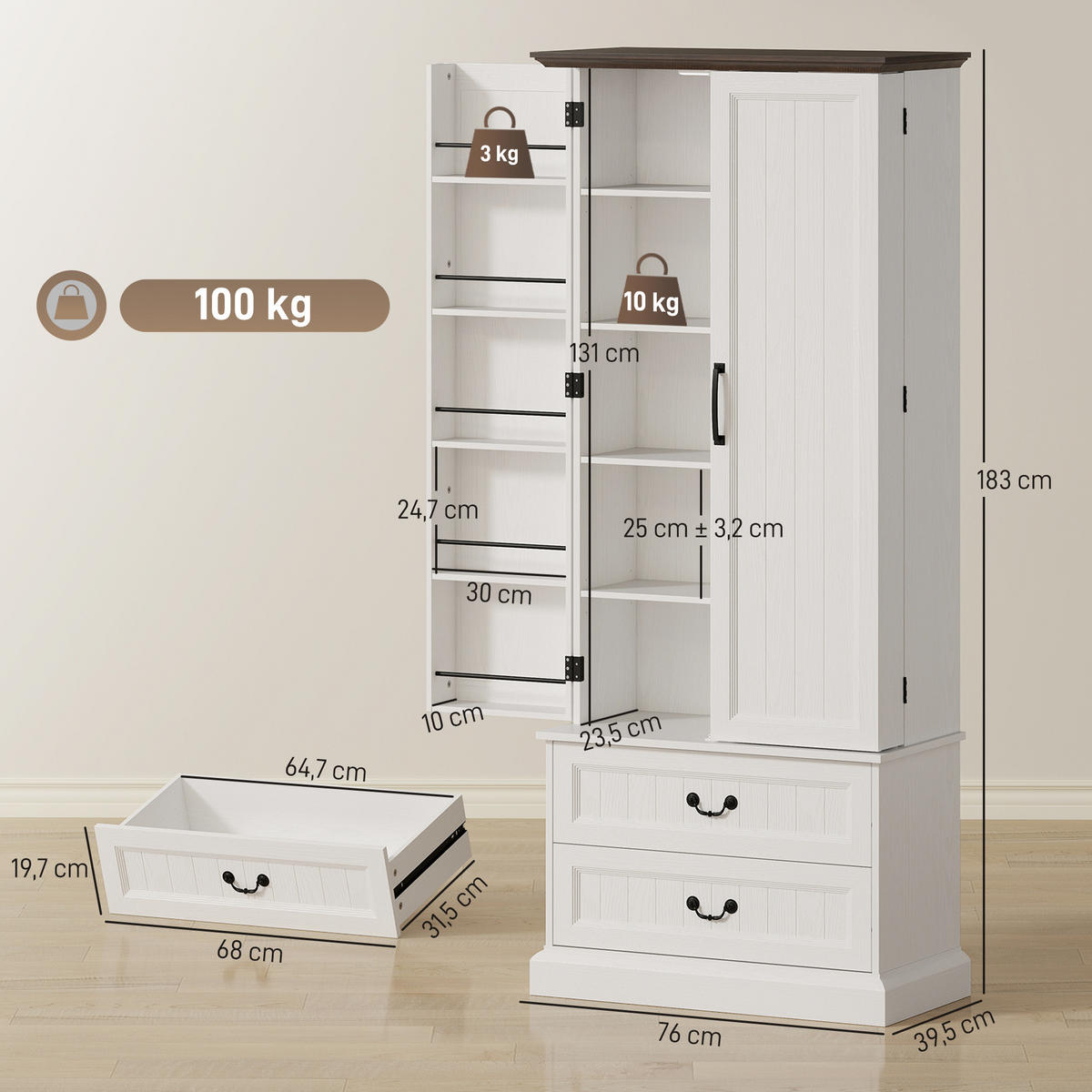 MEHRZWECKSCHRANK DE-11241 LED mit Sensor & verstellbaren Böden Weiß - Weiß, Holzwerkstoff (39.5/183/76cm) - ComfortXL