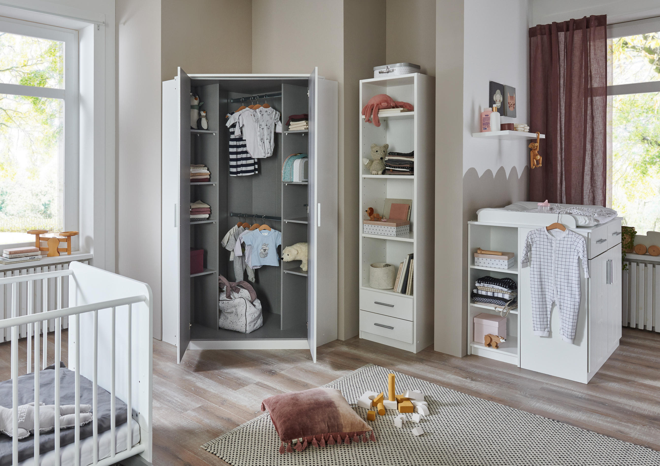 BABYZIMMER Bela Borkum in Landhaus Weiß 8 teilig mit Eckschrank - Weiß, Holzwerkstoff (120/200/80cm)