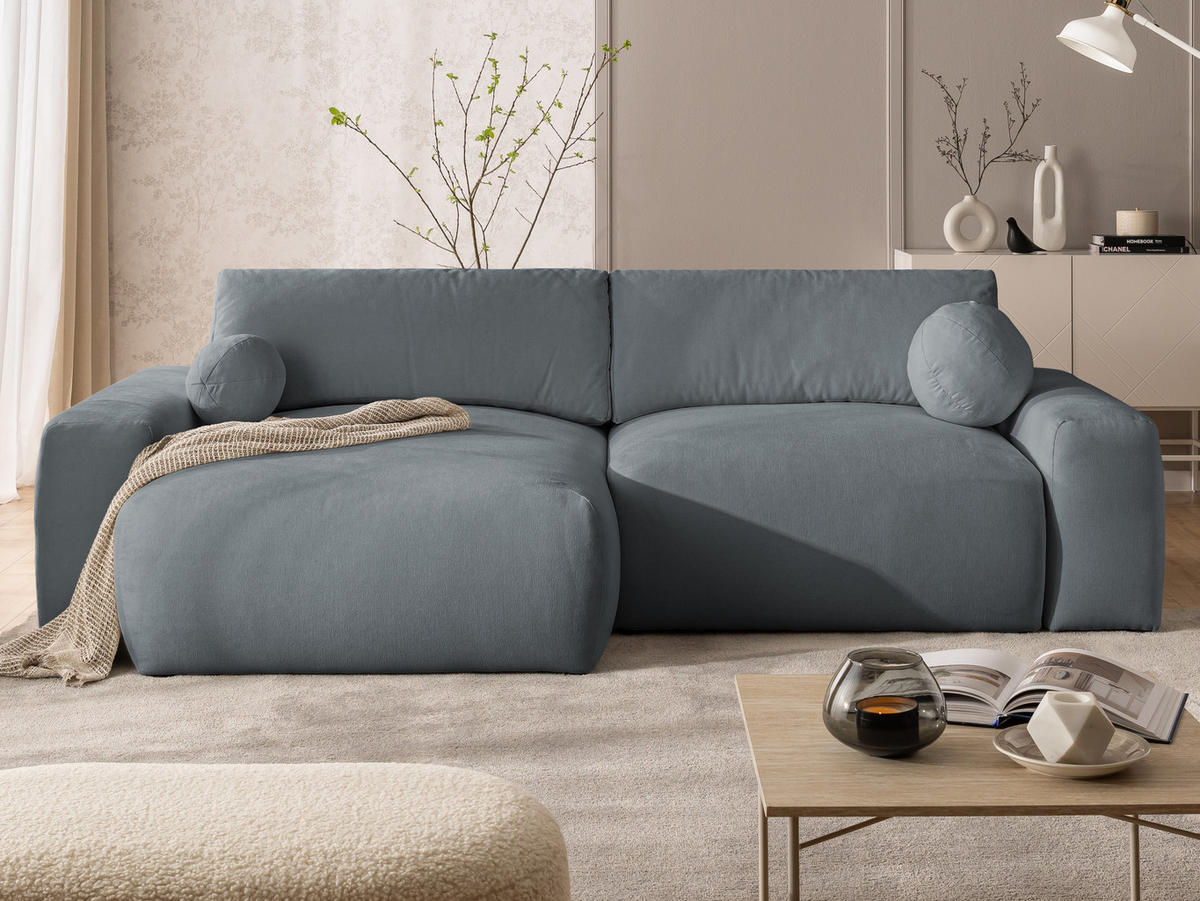 ECKSOFA Puffy mit Schlaffunktion und Bettkasten - besonders weich und puffig aus Dunkelgrau Webstoff - Ottomane links - Dunkelgrau/Schwarz, Holz/Kunststoff (138/266cm) - S-Style Möbel