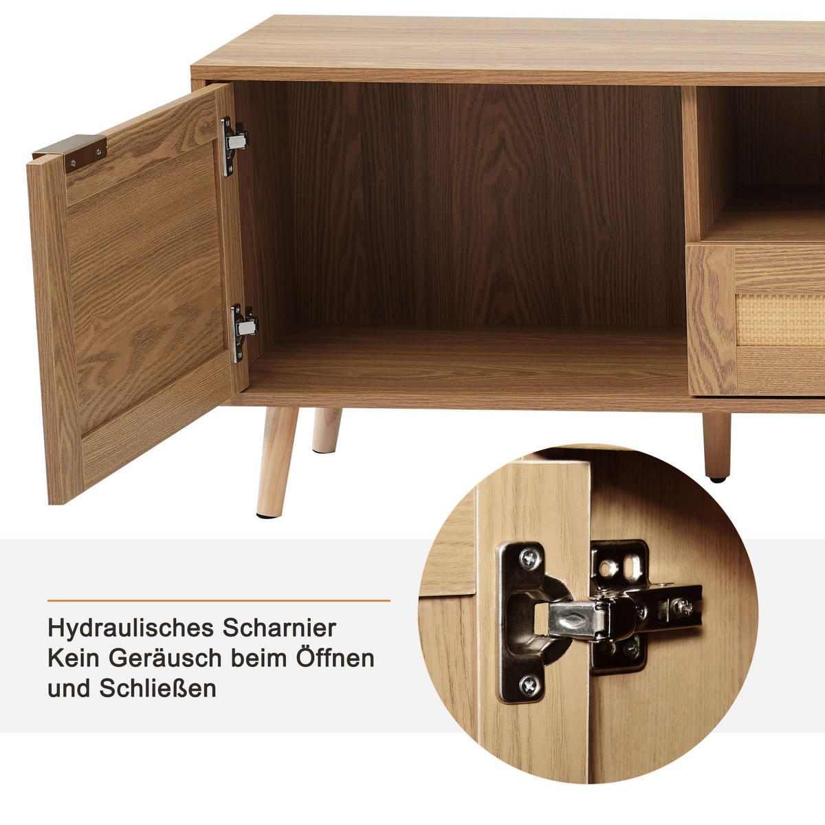 TV-SCHRANK Eichenoptik mit Rattan-Design und Massivholzfüßen 200 × 37 × 49 cm aus Spanplatte - Eichefarben, Holzwerkstoff (200/49/37cm) - Luhomfu