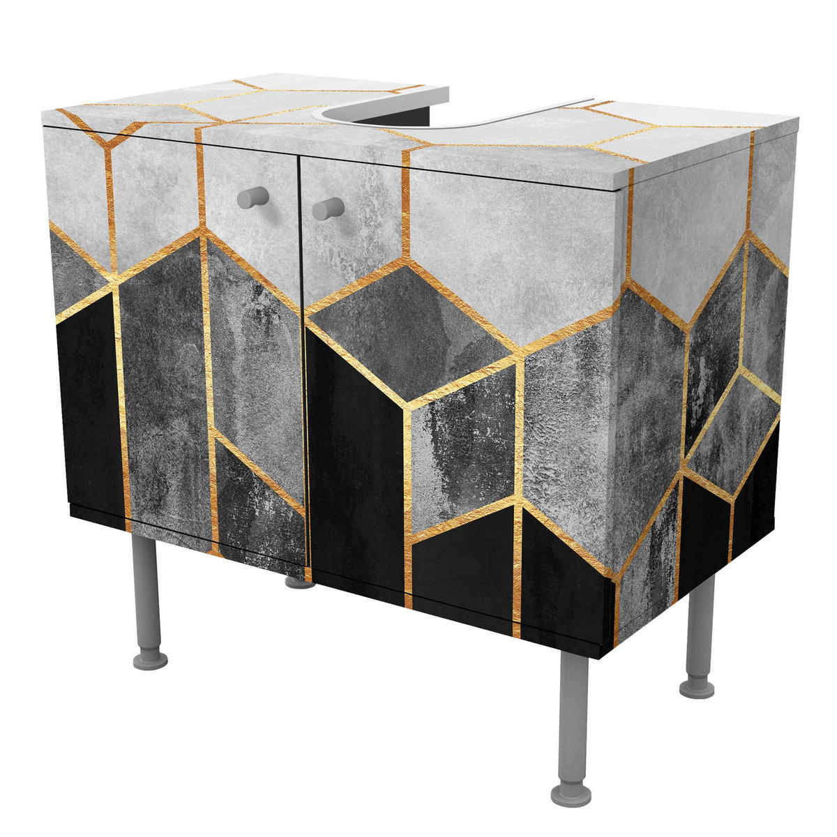 WASCHBECKENUNTERSCHRANK Goldene Sechsecke Schwarz Weiß 60/55/35 cm - Schwarz, Holzwerkstoff (60/55/35cm) - Bilderwelten