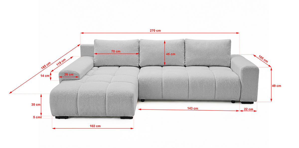 ECKSOFA Ovia mit Bettkasten und Schlaffunktion, Bouclé-Stoff in L-Form - Hellgrau, Textil (270/185cm)