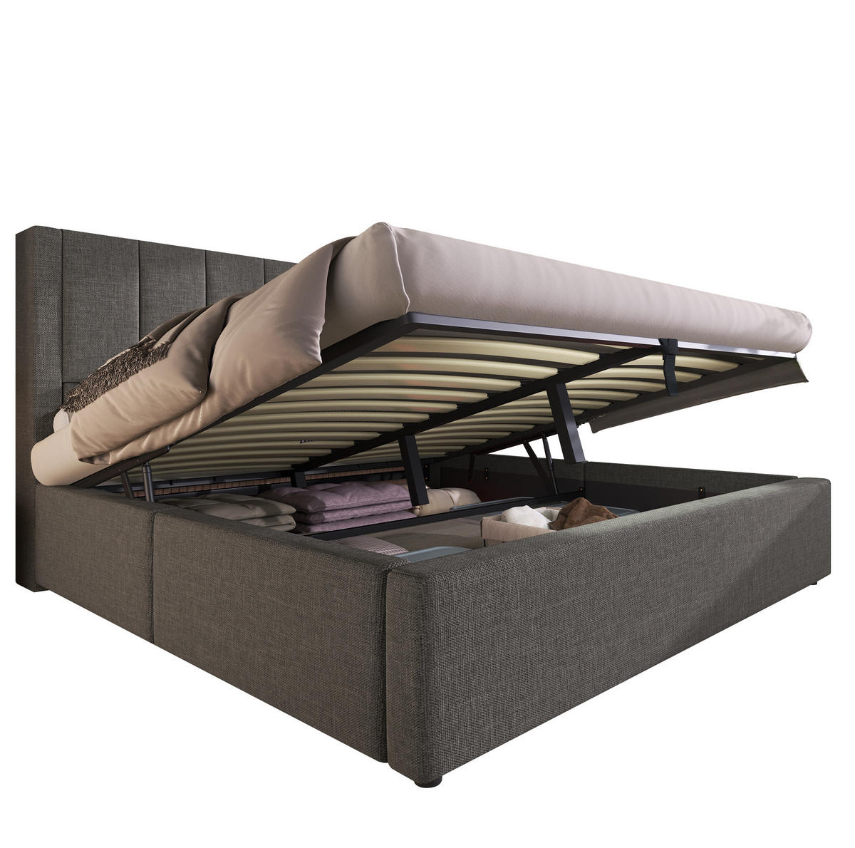 POLSTERBETT aus Leinen 180x200 cm Grau mit Bettkasten, USB-Ladestation und Becherhaltern - Grau, Textil (180/200cm) - IVMEU