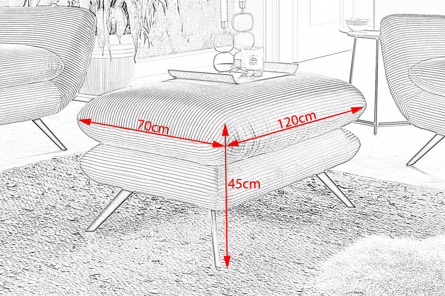 HOCKERBANK CHARME Braun Cord - Braun, Textil (120/45/70cm) - KAWOLA