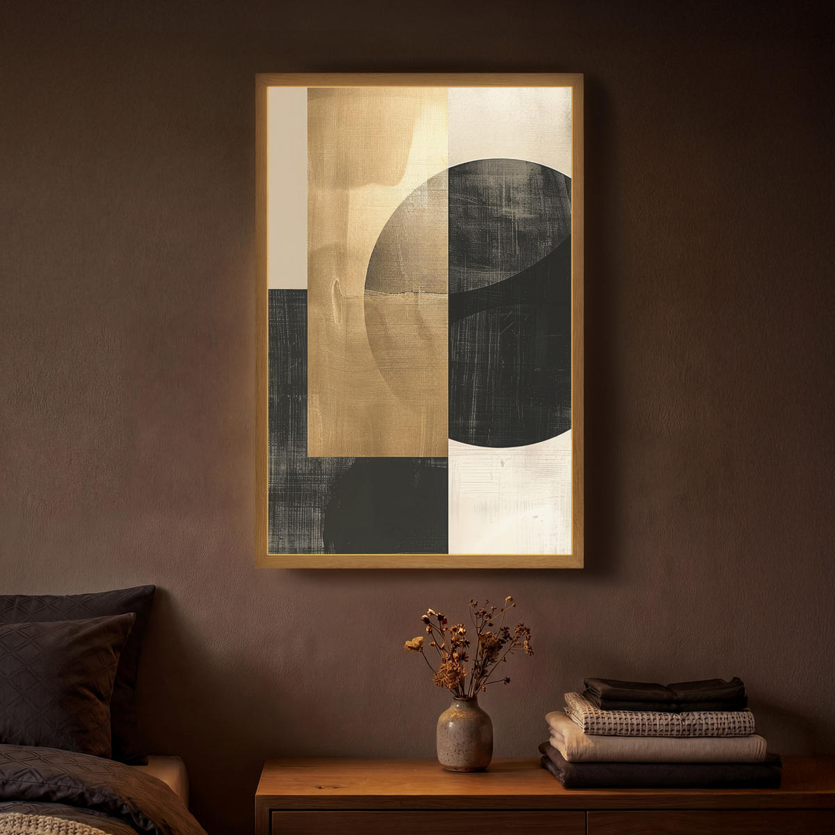 NÁSTĚNNÁ LAMPA S AKUMULÁTOREM Abstraktní - Moderní - Černá - Zlatá 40x60 cm - písková barva, kompozitní dřevo (40/60/8cm) - OnlyWow