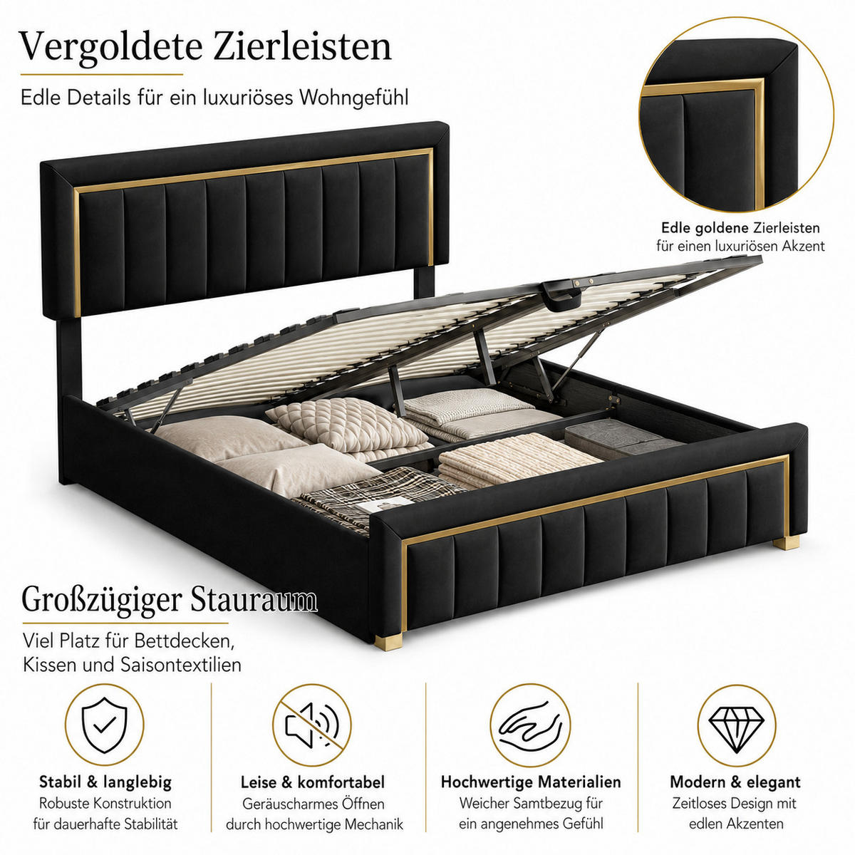 POLSTERBETT 160/200 schwarz Samt mit Stauraum, Goldzierleiste & höhenverstellbarem Kopfteil - Schwarz, Holz/Metall (160/200cm) - Joyfair