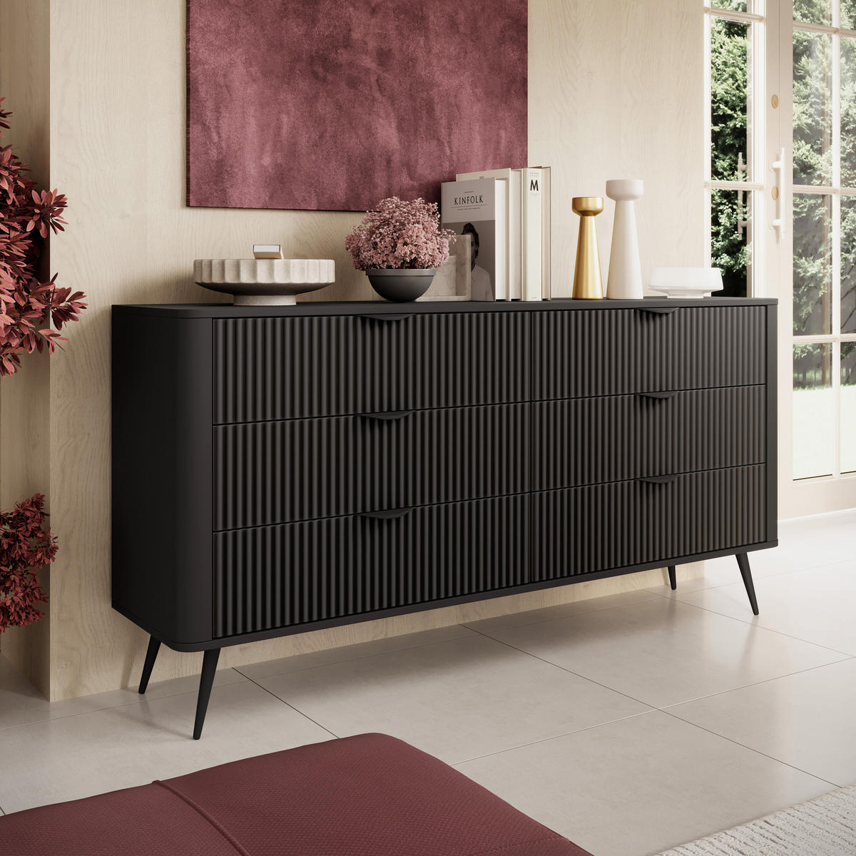 SIDEBOARD Vespasia 6S Schwarz 163,2/81,2/38 cm – Geriffelten Fronten - Schwarz, Holzwerkstoff/Metall (163/81.2/38cm) - AX Living