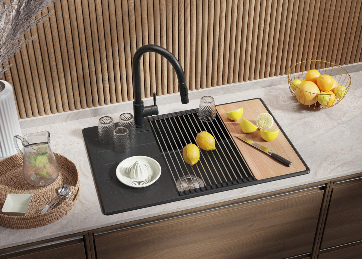 SPÜLBECKEN Kopenhagen, 2-er set Anthrazit 78/50 cm 1 Becken + Ablauf-Set + Schneidebrett ab 60er Unterschrank - Chromfarben/Anthrazit, Kunststoff (78/20/50cm) - Primagran