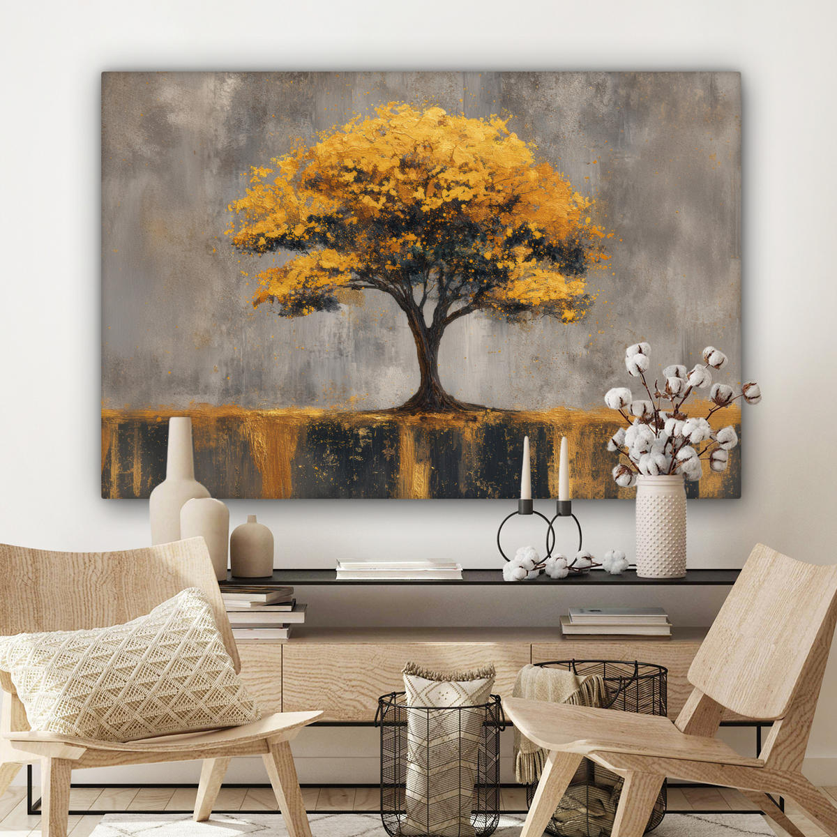 LEINWANDBILD Baum - Blätter - Gold - Abstrakt Wohnzimmer Groß 120x80 cm - Grau, Textil (120/80cm) - MuchoWow